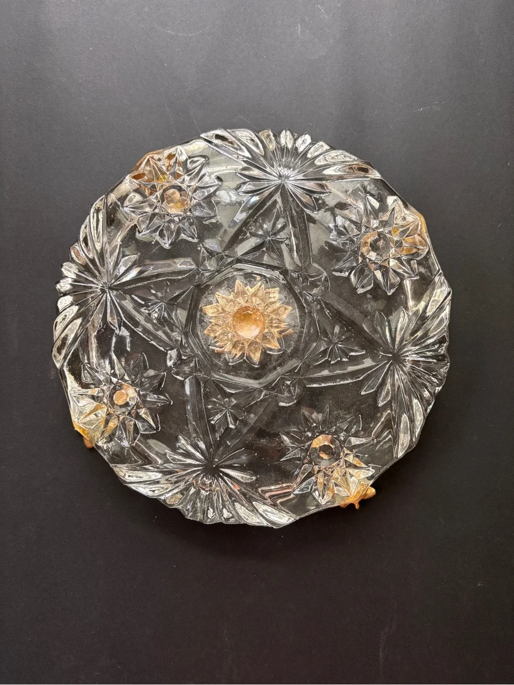 Vintage MCM Anchor Hocking Clear Glass Sunburst Pattern Ash with Gold Leaf acce